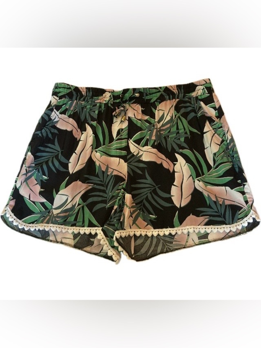 VENUS Tropical Leaf Print Shorts High Waist Drawstring Sz Med Beach Cruise